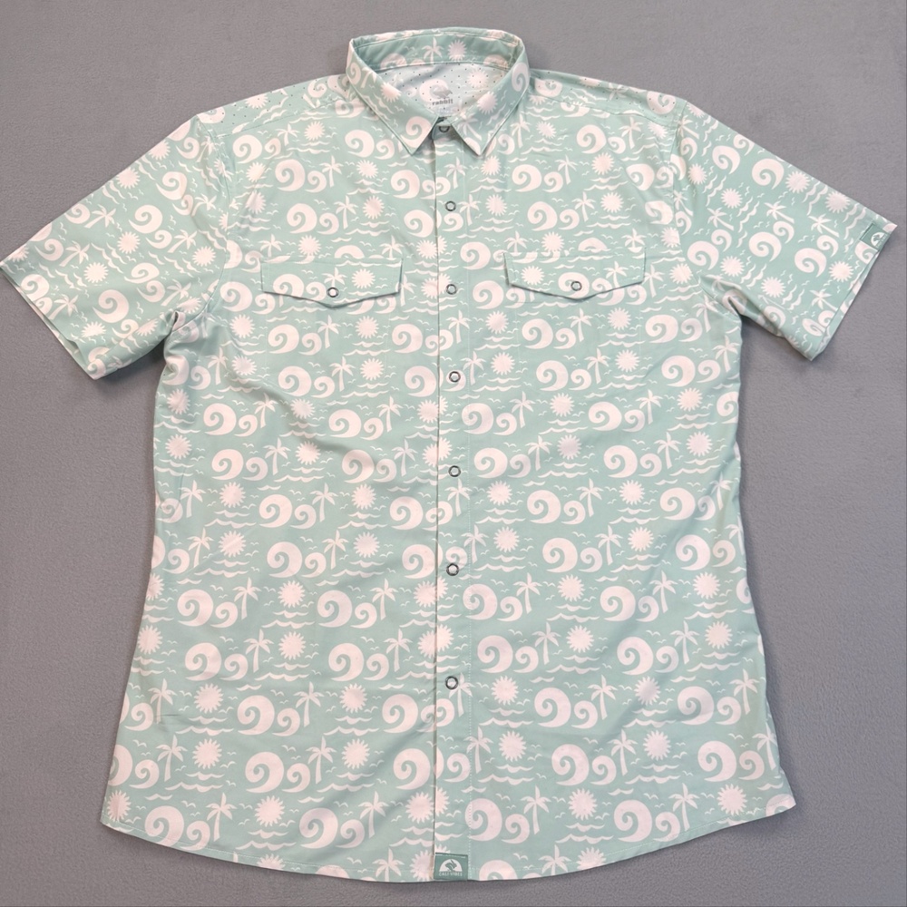 Rabbit High Country Shirt Mens Medium Green Hawaiian Snap Vented Aloha Running